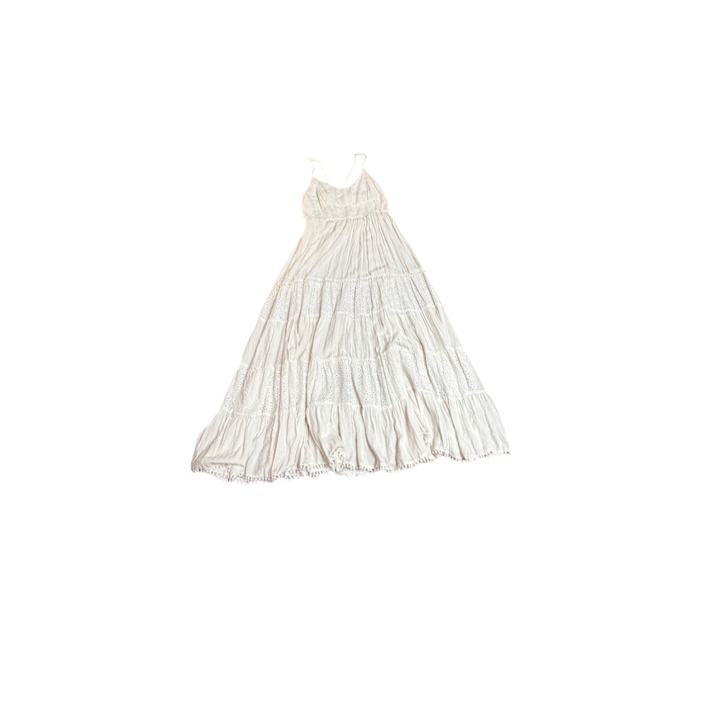 Solitaire Swim White Eyelet Swiss Dot Maxi Dress Pom Pom Tiered Boho L 21-326 - Picture 3 of 8